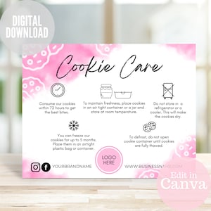 Cookie-Pflegekarte, Pflegeanleitungsvorlage, druckbarer Cookie-Leitfaden, bearbeitbare handgemachte Kekse-Beipackzettel-Notiz