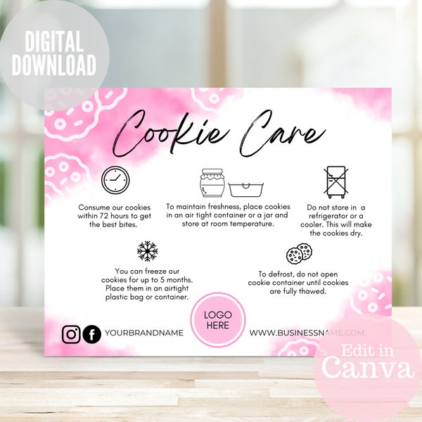 Cookie Care Card, Care Instructions Template, Printable Cookie Guide, Editable Handmade Cookies Package Insert Note