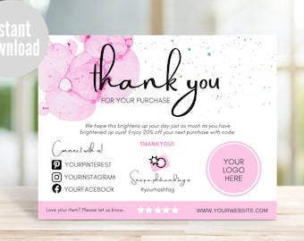Pink Thank You Card Template: Editable Small Business Insert (Digital Download)