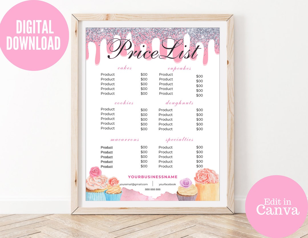 Bakery Price List Template, Bakery Menu, Editable Cake Price List