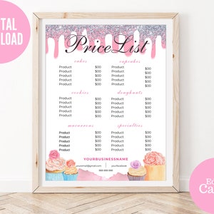 Bäckerei Preisliste Vorlage, Bäckerei Menü, bearbeitbare Kuchen Preisliste, Cupcakes Business Preisführer
