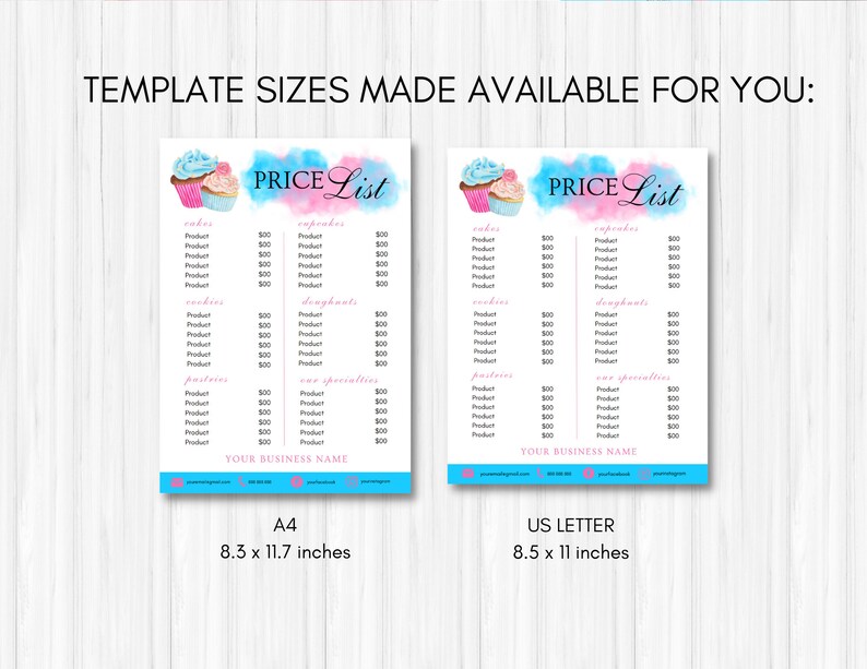 Bakery Price List Template Bakery Menu Editable Cake Price Etsy