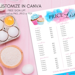 Bakery Price List Template, Bakery Menu, Editable Cake Price List