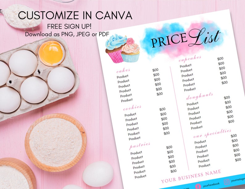 Bakery Price List Template Bakery Menu Editable Cake Price Etsy
