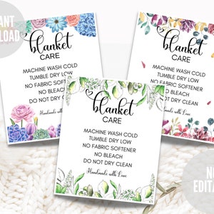 Blanket Care Card, Printable Instructions, Instant Download, Ready to Print 2.5 x 3 inches Quilt Throw- over Care Cards