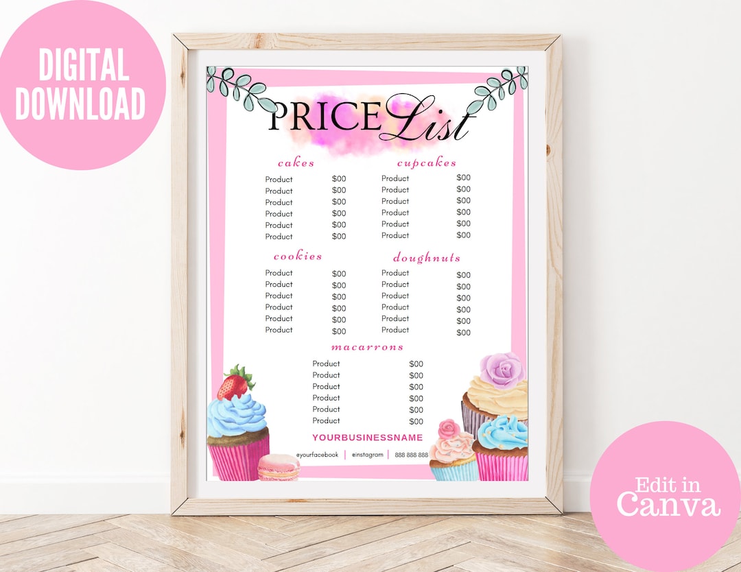 Bakery Price List Template: Cake & Cupcake Menu (editable Canva Design ...