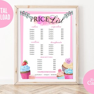 Preisliste Vorlage, Bäckerei Preisliste, Bäckerei Menü, Bearbeitbare Kuchen Preisliste, Business Preisführer, Cupcakes Preis