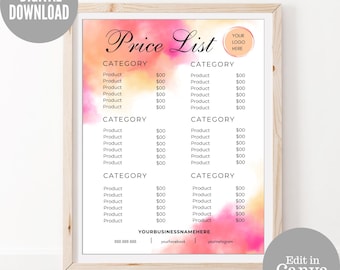 Editable Price List Template: Salon, Bakery, Business Menu (Digital Download)