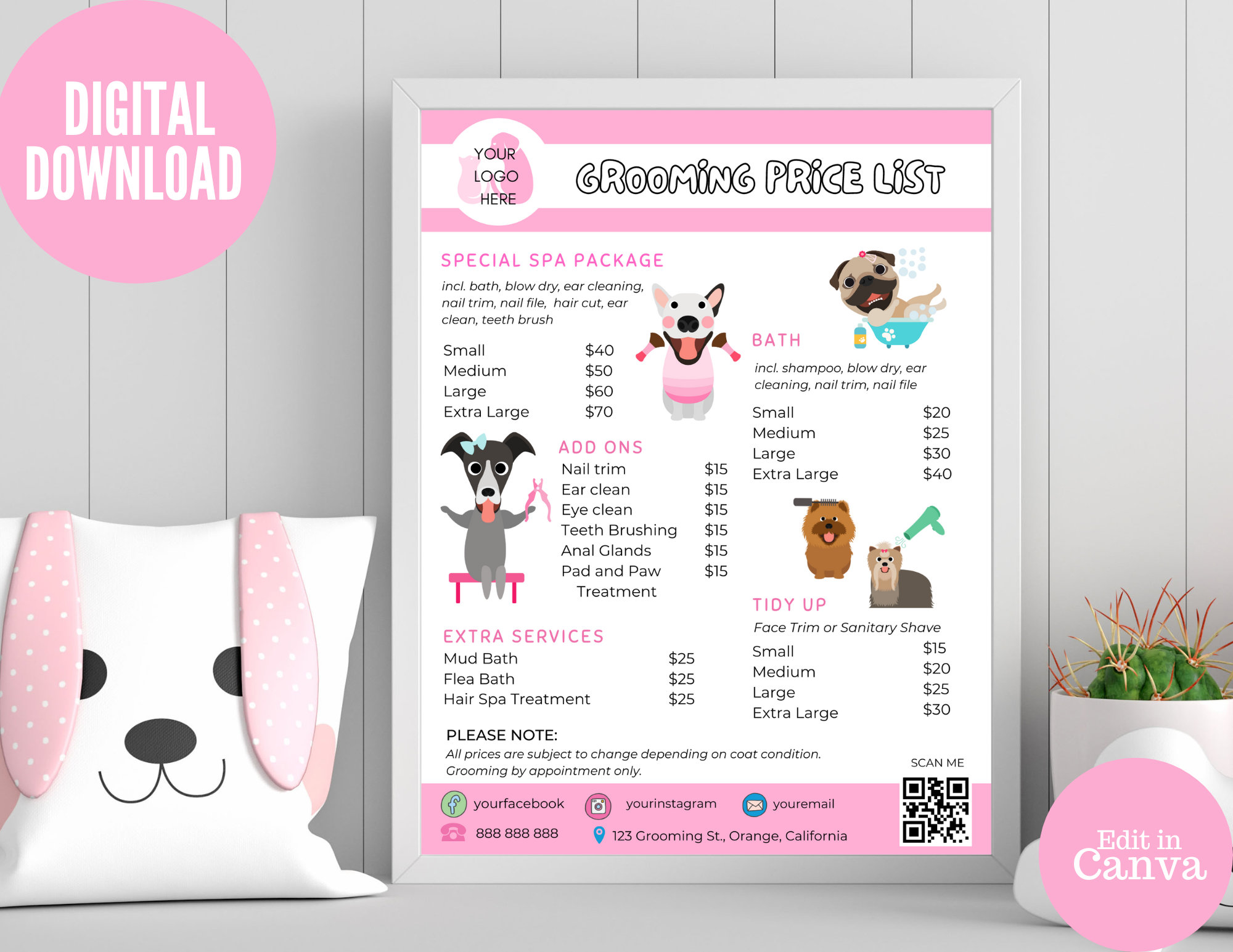 Dog Grooming Price List Pet Salon Template Editable Pet Etsy