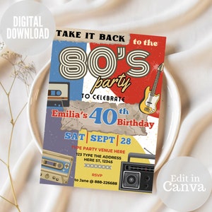 80s Party invitation Template, 90s Party Invite, Back to the 90s, Birthday Invitation, 90s Theme Party, Digital Download, 80s Theme Party