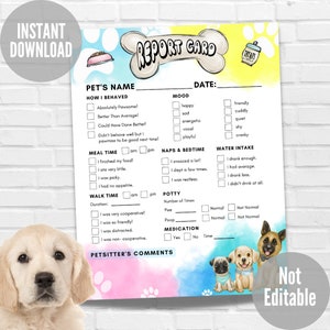 Boleta de calificaciones para perros, Boleta de calificaciones para mascotas, Formulario de cuidador de mascotas listo para imprimir, Informe de paseador de perros, Informe de cachorros, Descarga instantánea