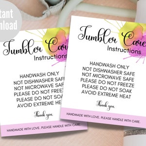 Tumbler Care Card, Printable Cup Care Instructions Card for Small Business, Mug, Vinyl Care, Ready to Print, Pink