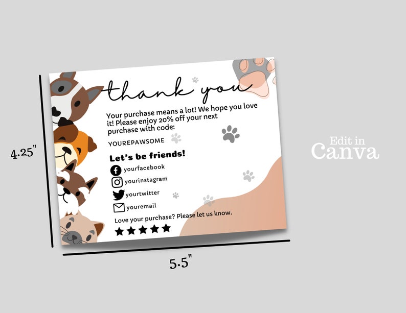 Dog Thank You Card Template, Pet Thank You Card, Pet Business Card, Cat ...