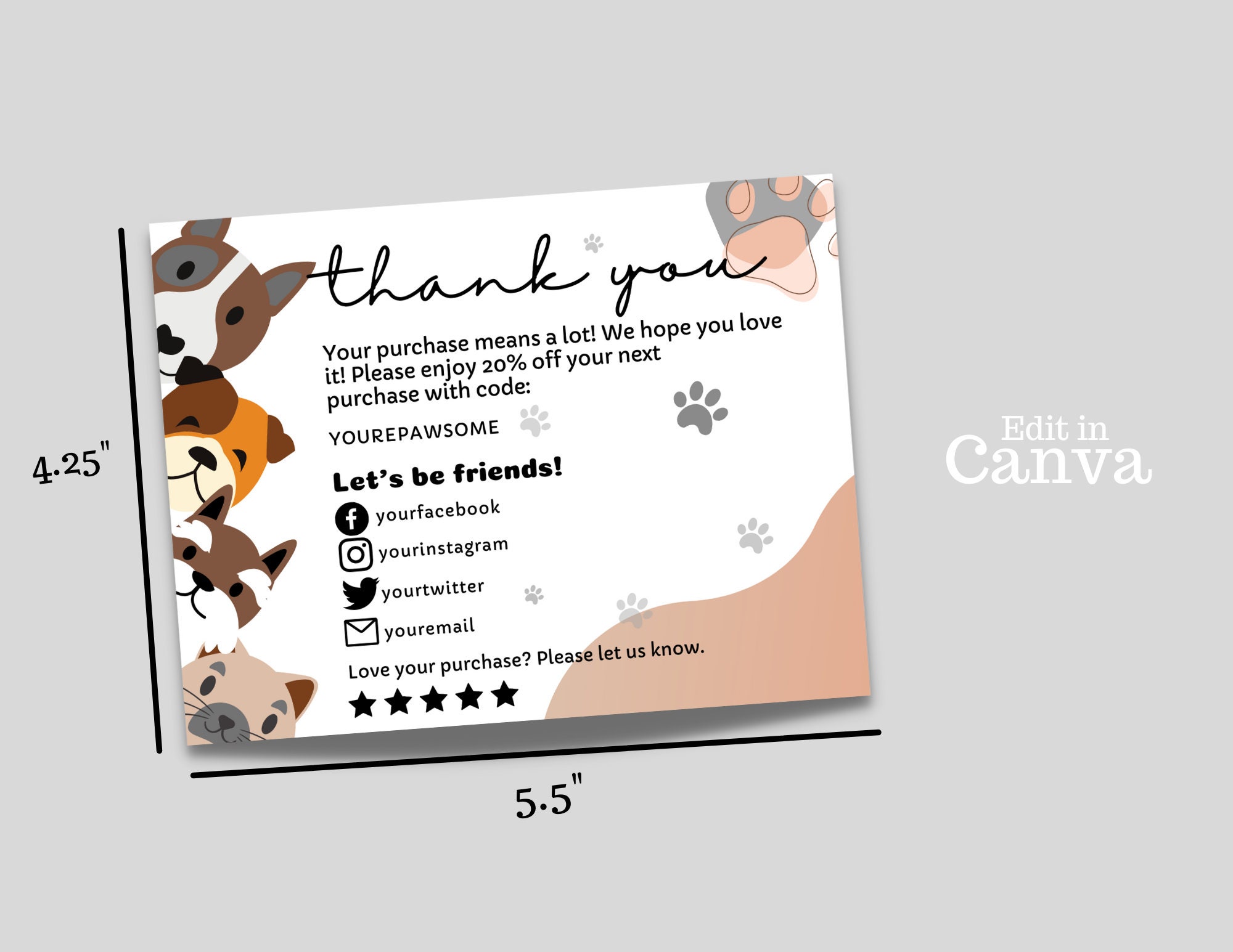 Dog Thank You Card Template, Pet Thank You Card, Pet Business Card, Cat ...