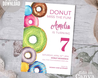 Editable Donut Party Invitation, Donut Miss the Party, Kids Birthday Invitation, Doughnut Birthday Invitation, Donut Party Digital Invite