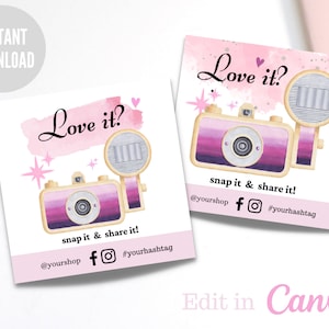 Bewerkbare Snap and Share-kaart, sjabloon, instant download sociale media-sticker, tag ons en volg ons