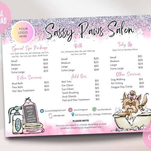 Pet Salon Grooming Price List Dog Grooming Price List Template Pet Groomer Sign Pet Salon Sign Editable Price List Dog Salon Price