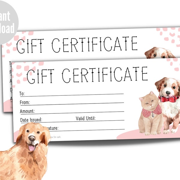 Dog Gift Certificate, Dog Grooming Certificate, Pet Gift Voucher, Pet Gift Coupon, Instant Download, Printable, Ready to Print