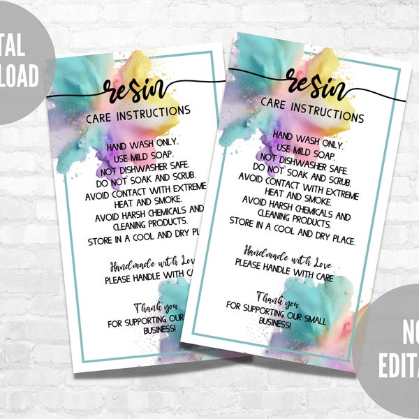 Ready to Print Resin Care Card, Instant Download, Small Business Care Card, Care Instructions