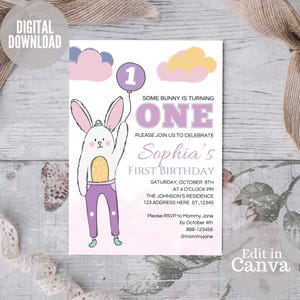 Bunny Birthday Invitation, Some Bunny Invitation, Rabbit Birthday Invite, First Birthday Invite, 1st Birthday Invite, Editable Invitation
