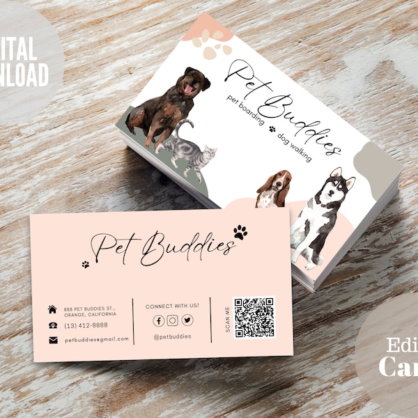 Pet Business Card Template, Dog Walking Business Card, Pet Boarding, Pet Grooming, Pet Sitting, Pet Sitter, Pet Care Card