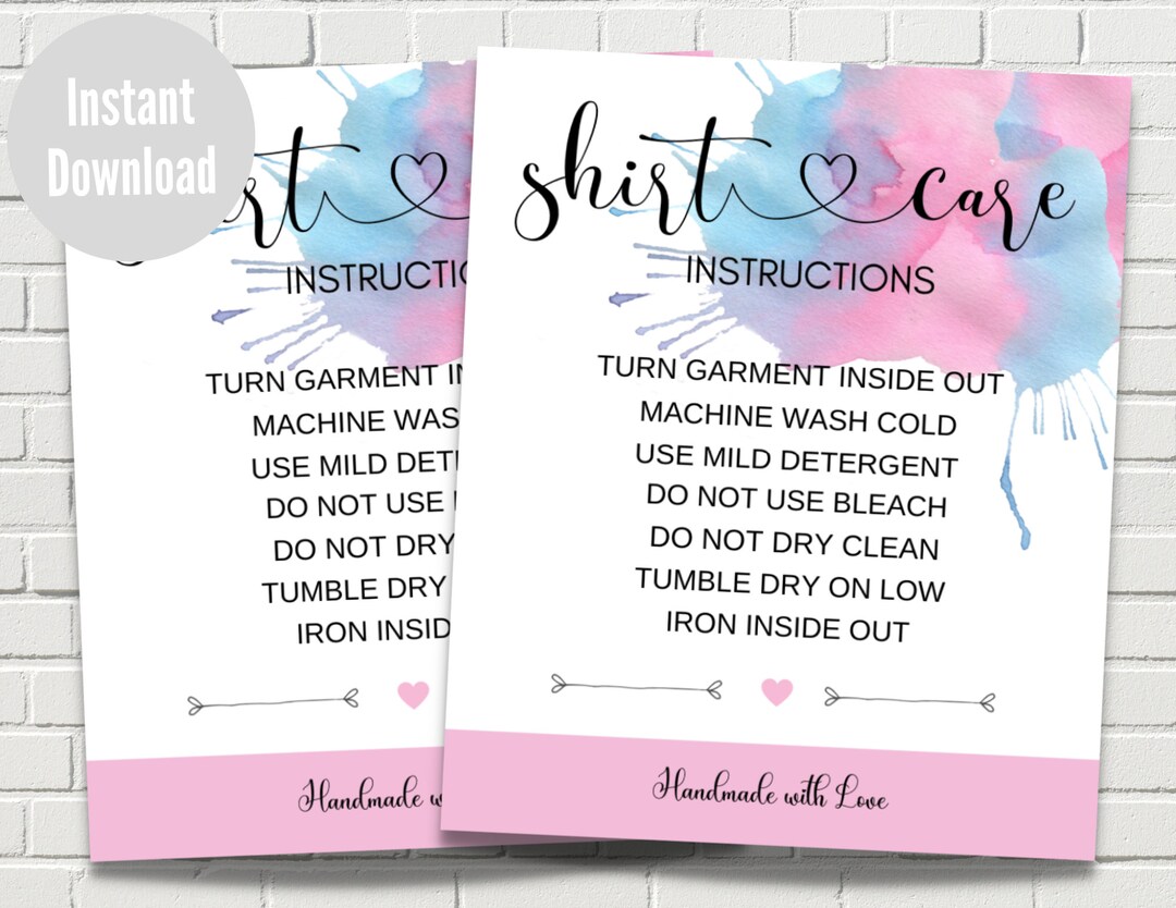 Washing Instructions Card, Shirt Care Card, Printable T- Shirt Care ...