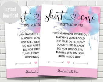 May include: Two printable care instructions cards with watercolor splatter designs. The left card says "Shirt Instructions" and the right card says "Shirt Care Instructions". Both cards have a list of instructions for washing and caring for a shirt.