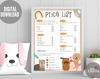 Dog Grooming Price List for Pet Groomer Price List Template Printable Groomer Sign Editable Pet Spa Price List for Pet Salon