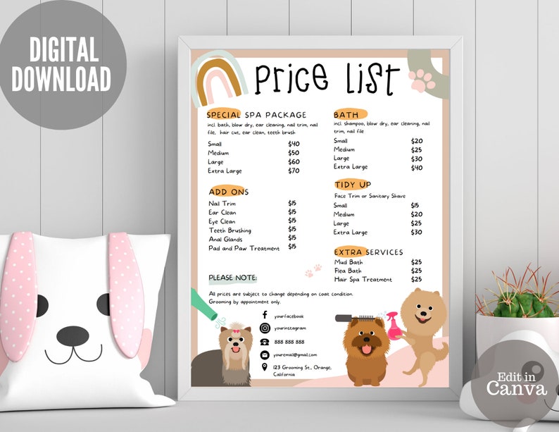 Photo inspiration: Picture Idea: Pet Grooming Price List Template Editable Pet Salon Sign Digital