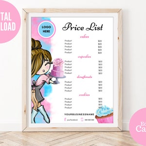 Preislistenvorlage, Bäckereipreisliste, Bäckereimenü, bearbeitbare Kuchenpreisliste, Cupcakes Business Preisführer