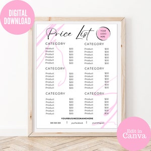 Preisliste Vorlage, Bäckerei-Menü, bearbeitbare Preisliste, Preisliste für Friseure, Schönheitssalons, anpassbare Preisliste für Nagelstudios