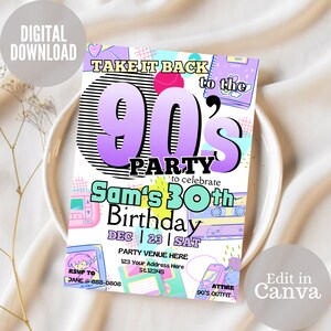 90s Party invitation Template, 90s Party Invite, Back to the 90s, Birthday Invitation, 90s Theme Party, Digital Download, 80s Party