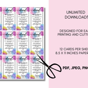 May include: Twelve printable cards with instructions for applying decals. The cards feature a watercolor design with pink, blue, and yellow colors. The text on the cards reads "Decal Application".