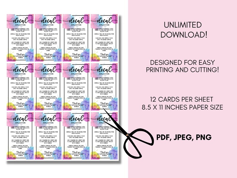 May include: Twelve printable cards with instructions for applying decals. The cards feature a watercolor design with pink, blue, and yellow colors. The text on the cards reads "Decal Application".