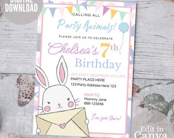 Party Animals Invitation, Bunny Birthday Invitation, Animals Birthday Invitation, Animal Theme, Rabbit Party Invite
