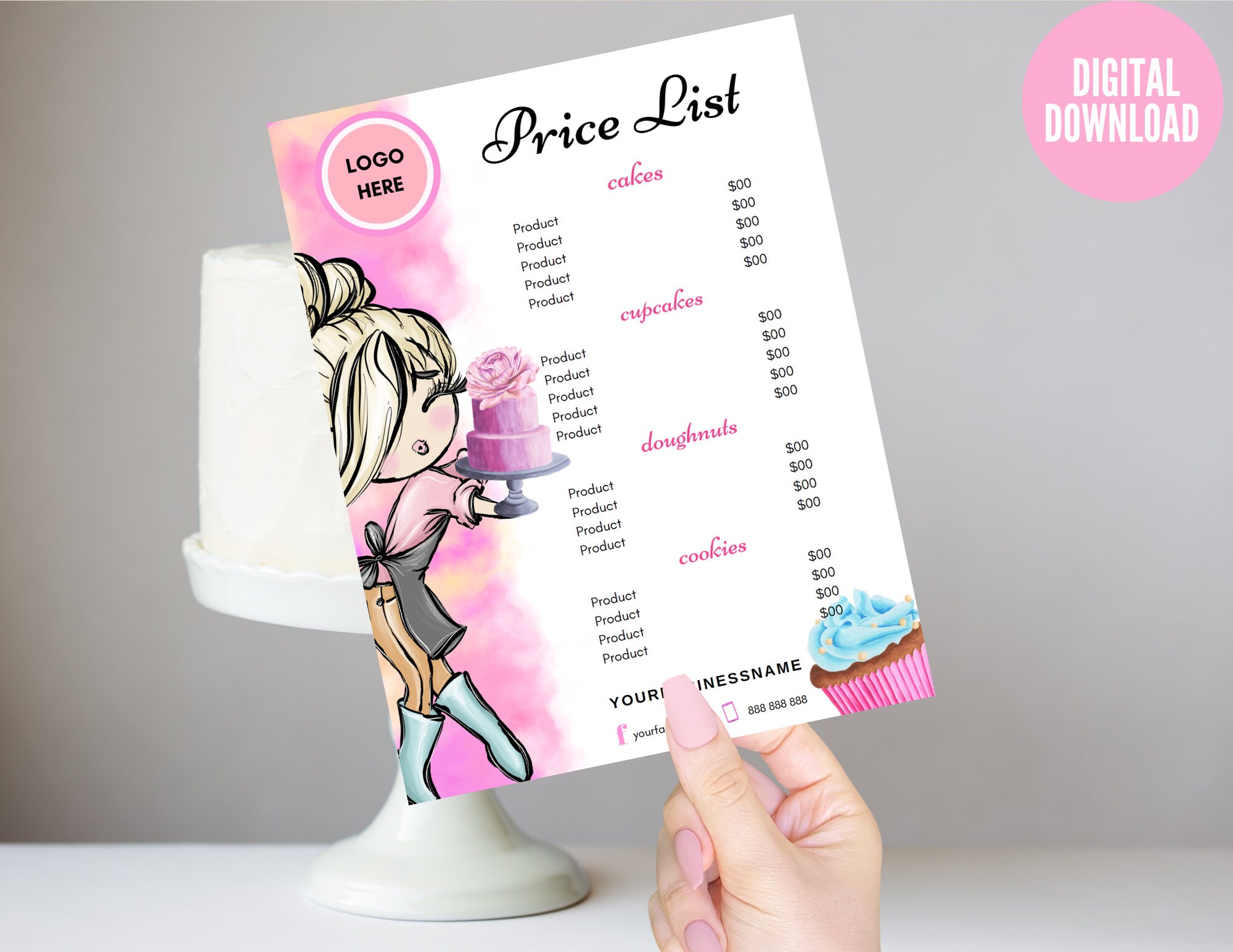 Bakery Price List Template, Bakery Menu, Editable Cake Price List