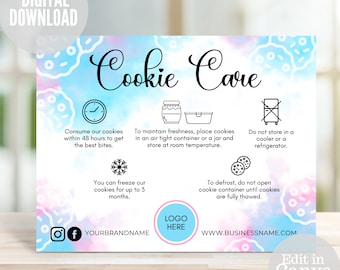 Printable Cookie Care Card Template: Bakery Package Insert (Digital Download)