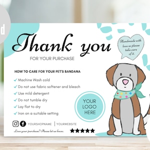 Pet Bandana Care Card Template, Pet Business Card Template, Editable Pet Thank you Card, Dog Bandana Care Card