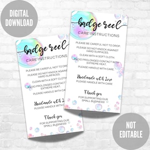 May include: Two rectangular white cards featuring pastel bubble graphics and black text that reads Badge Reel Care Instructions. The cards include guidelines to avoid dropping, knocking against hard surfaces, and extreme heat, plus a thank you note.