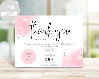 Pink Thank you Business Card Template, Editable Thank You For Your Purchase Card, Canva Template, Instant Download