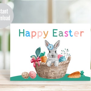 Biglietto d'auguri di Pasqua, Cestino del coniglietto pasquale con download istantaneo, Biglietto per uova di Pasqua, Biglietto di buona Pasqua stampabile, pronto per la stampa