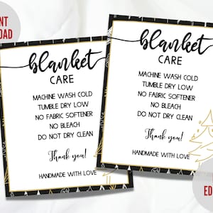 Blanket Care Card, Printable Instructions, Instant Download, Ready to Print, 2.5 x 3 inches, Quilt Care Card, Throw- over Care