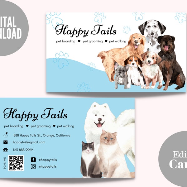 Pet Business Card Template, Dog Walking Business Card, Pet Boarding, Pet Grooming, Pet Sitting, Pet Sitter, Pet Care Card