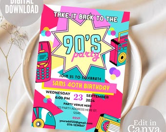 90s Party invitation Template, 90s Party Invite, Back to the 90s, Birthday Invitation, 90s Theme, Digital Download, 80s Party