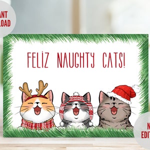 Tarjeta de Navidad para gatos, Tarjeta de Navidad para mascotas imprimible, Descarga instantánea, Regalo para amantes de los gatos, Tarjeta de Navidad divertida de gato, Tarjeta de niñera de gatos