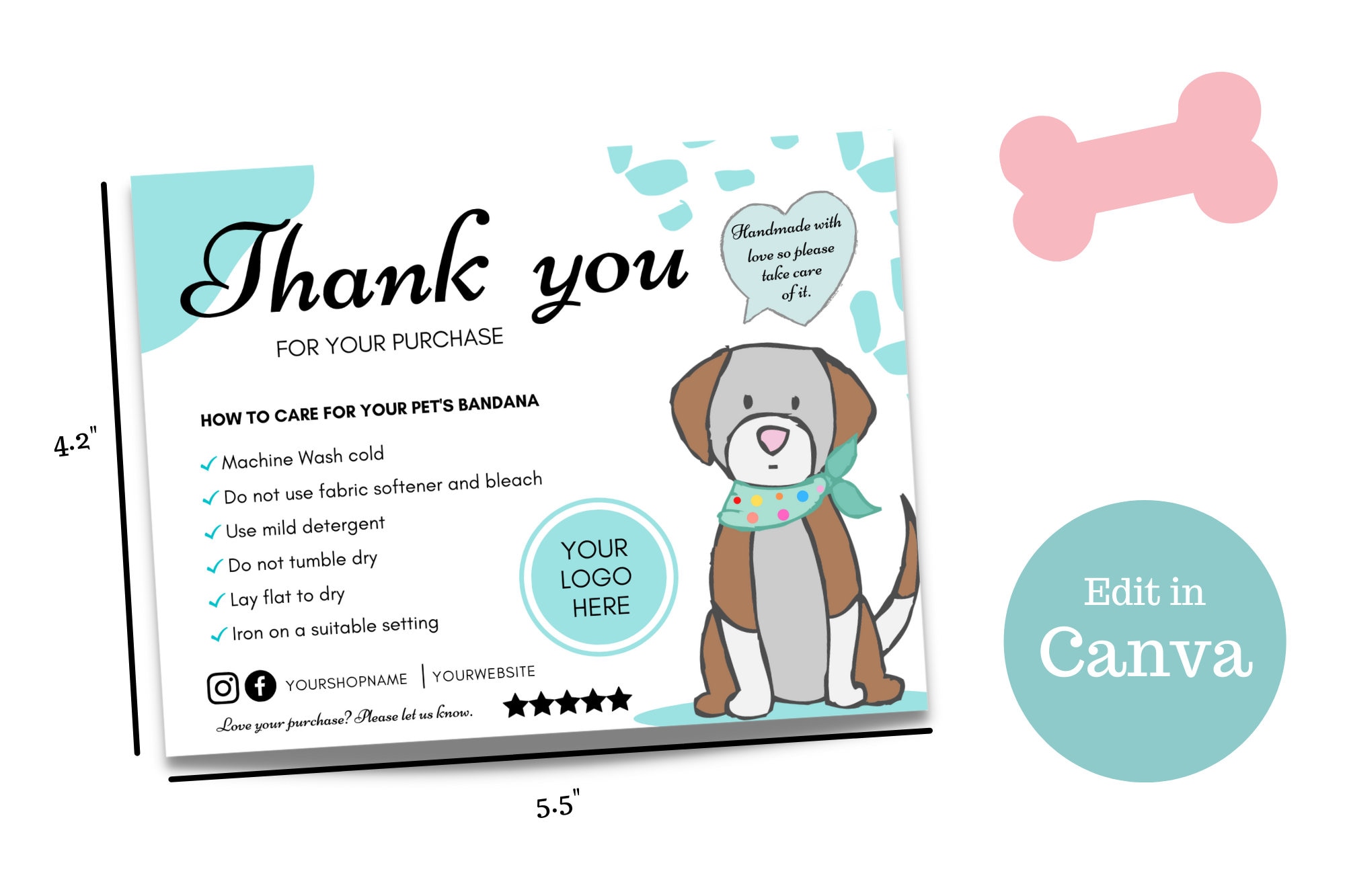 Pet Bandana Care Card Template, Pet Business Card Template, Editable
