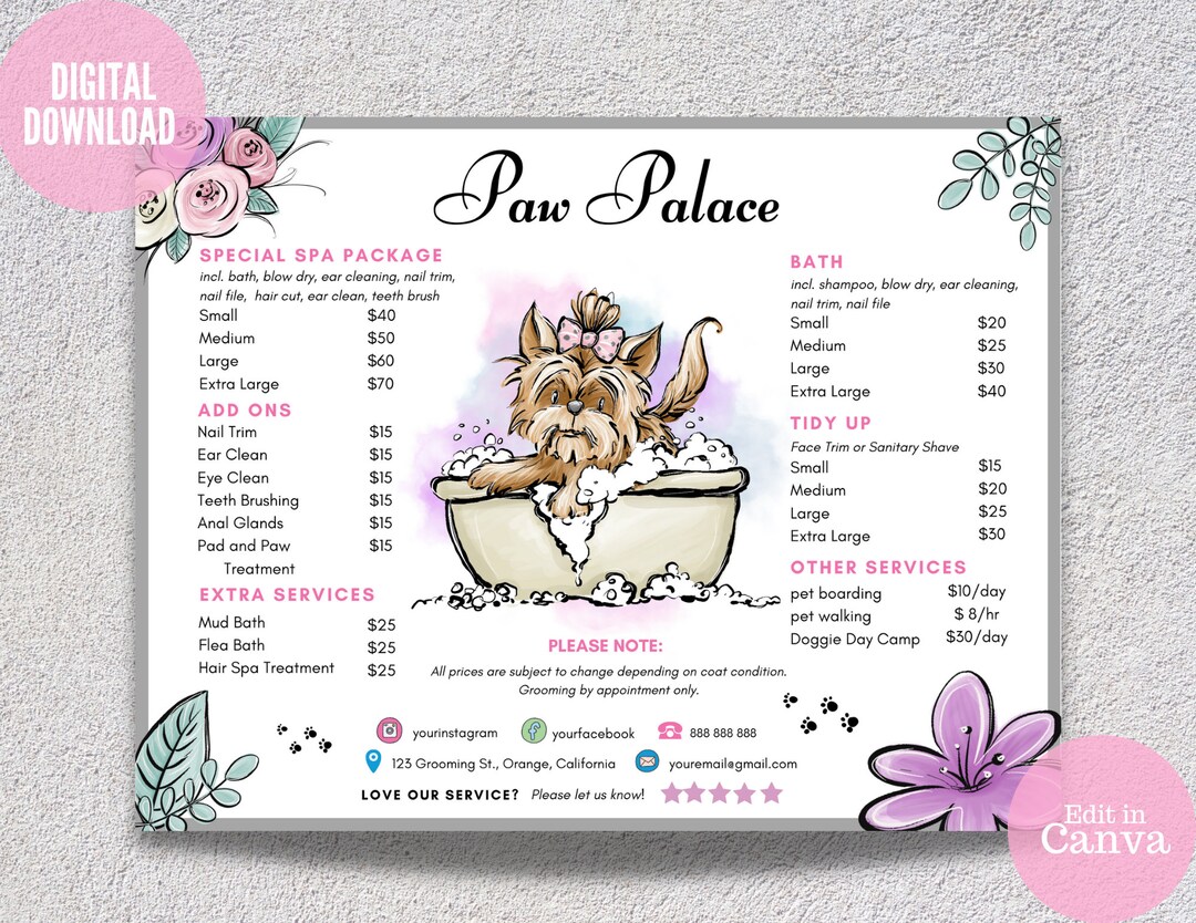 Editable Pet Grooming Price List Template Dog Salon Sign (digital