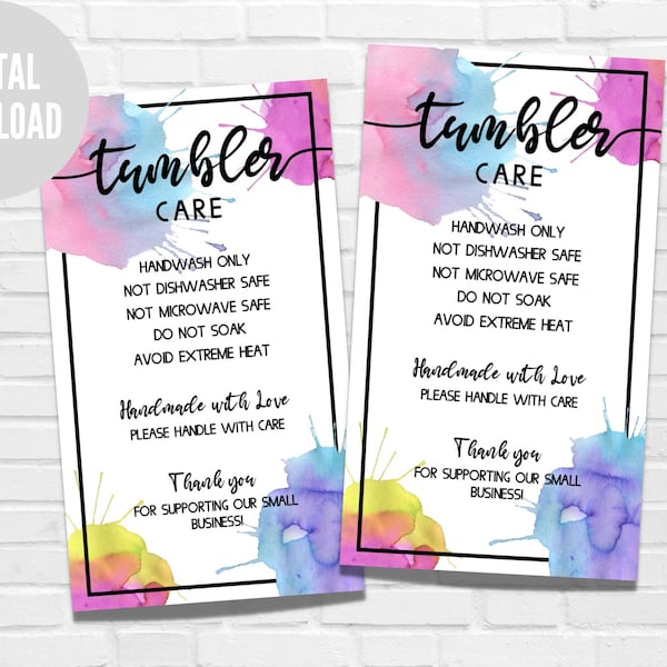 Tumbler Care Card for Small Business, Ready to Print Care Instructions, Instant Download