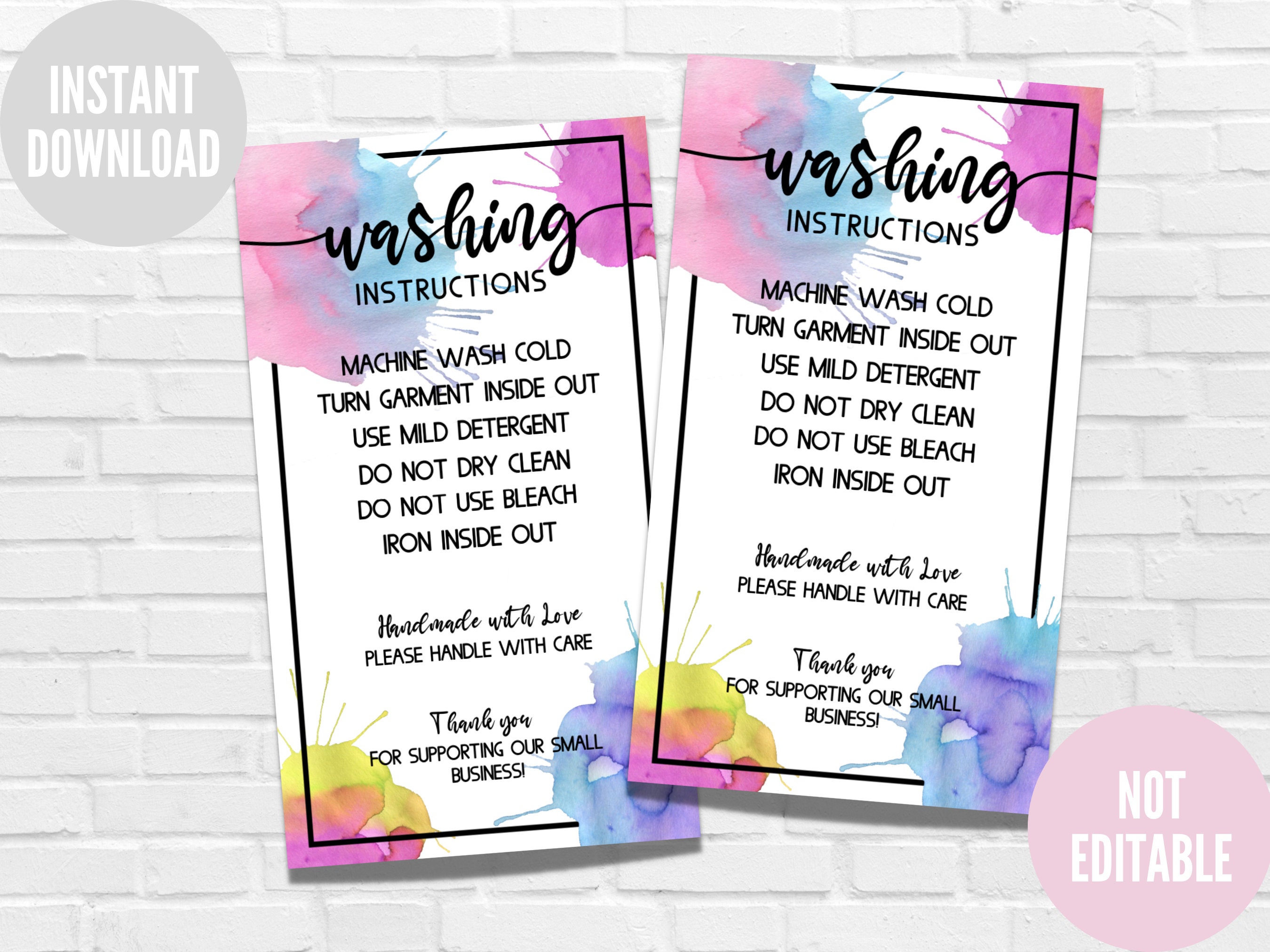 Printable Washing Instructions for Small Business, Shirt Care Card, T- Shirt Care, Instant Download, 2 x 3.5 inches