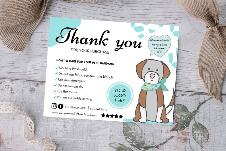 Pet Bandana Care Card Template, Pet Business Card Template, Editable